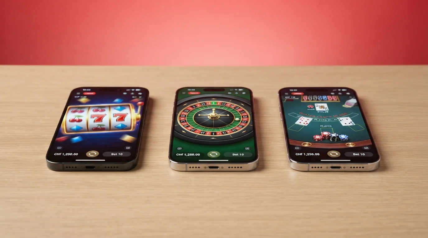 Eine Übersicht von Smartphone-Bildschirmen mit den Startseiten der lizenzierten Schweizer Online-Casinos