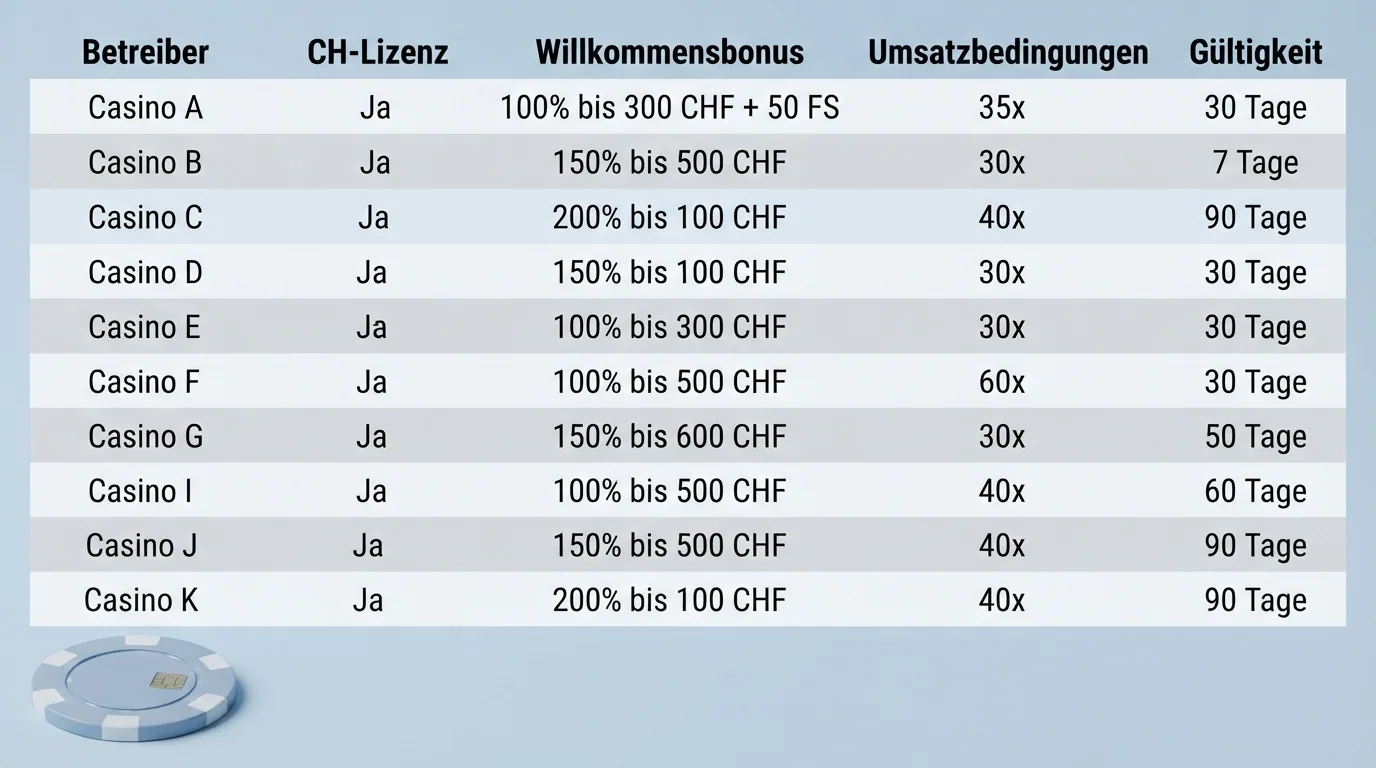 Übersichtstabelle mit allen 10 lizenzierten Schweizer Online-Casinos und den fünf Vergleichskriterien