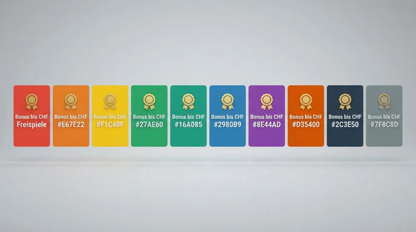 Zehn Karten in einer Reihe, jede mit einem Casino-Logo und einer Bonus-Summe in CHF, die vorderste hervorgehoben.