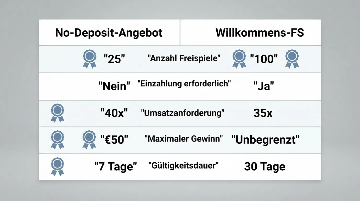 Eine strukturierte Vergleichstabelle mit Casino-Logos und den Spalten No-Deposit-Angebot und Willkommens-FS
