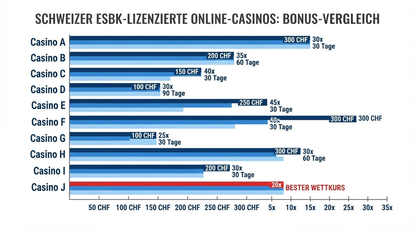 Eine übersichtliche Vergleichstabelle mit Casino-Logos und den zentralen Bonus-Kennzahlen der zehn ESBK-lizenzierten Online-Casinos