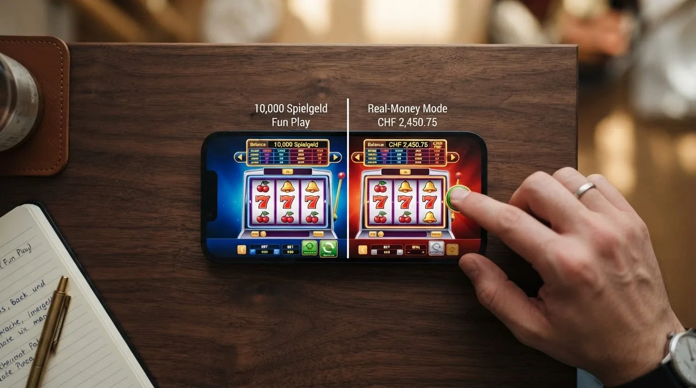 Ein zweigeteilter Bildschirm: links ein Slot im Demo-Modus mit Spielgeld-Anzeige, rechts derselbe Slot mit Echtgeld-Einsatz
