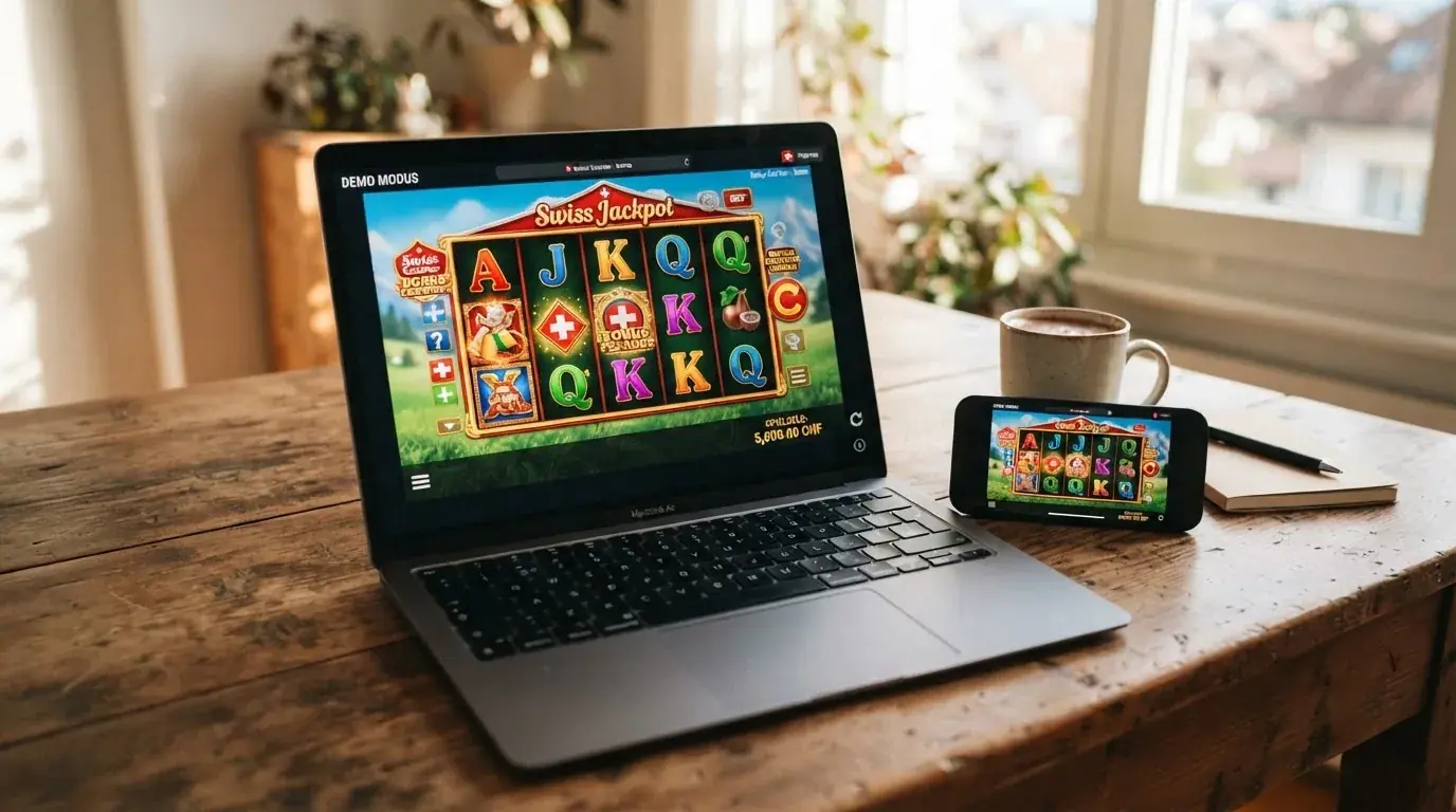 Ein geöffneter Laptop mit einem Slot-Spiel im Demo-Modus, das «Spielgeld»-Guthaben deutlich sichtbar, kein Registrierungsformular im Bild