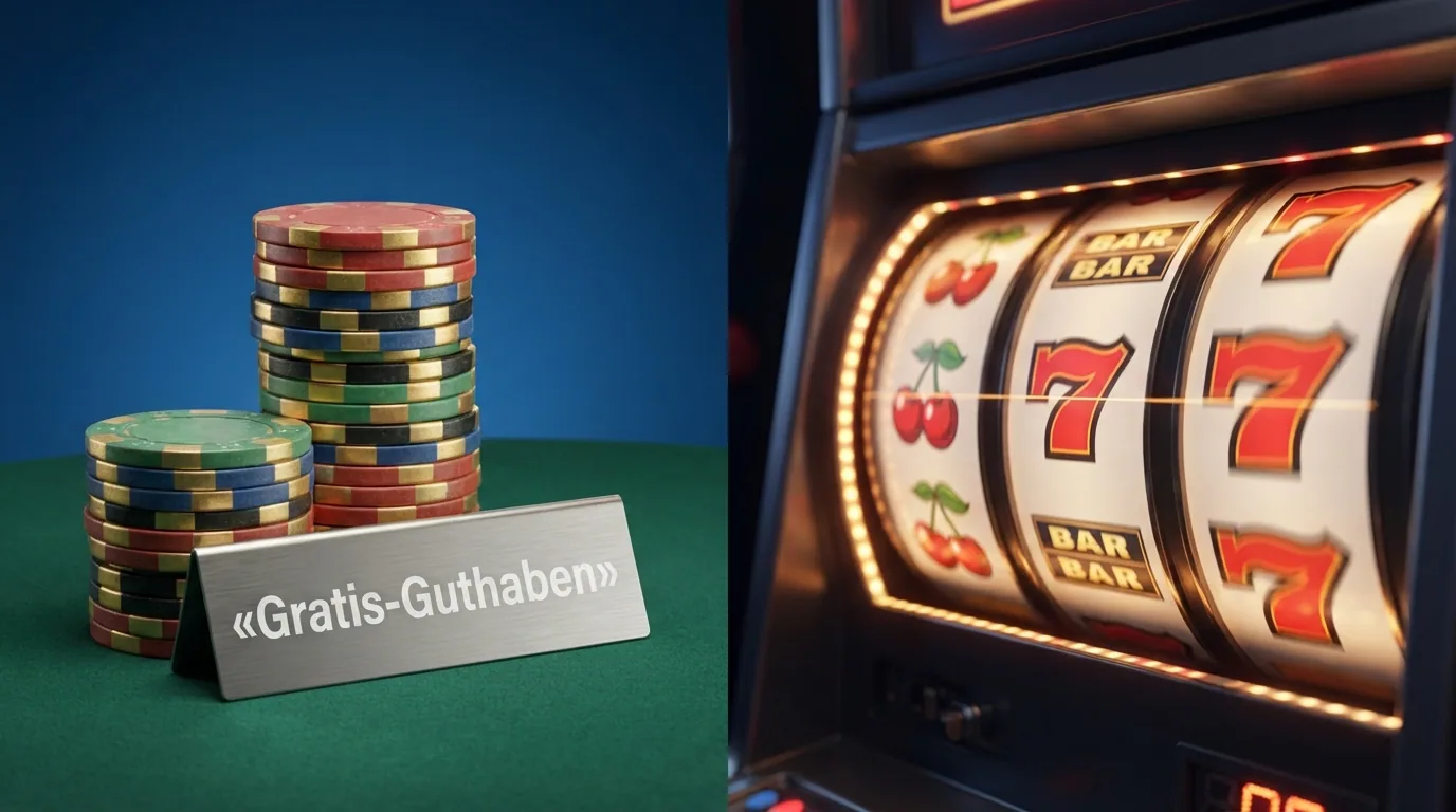 Zwei nebeneinanderliegende Spielkarten: links ein Stapel goldener Schweizer Franken-Münzen mit «Gratis-Guthaben»-Schild, rechts ein Slot-Walzen-Symbol mit «Freispiele»-Label