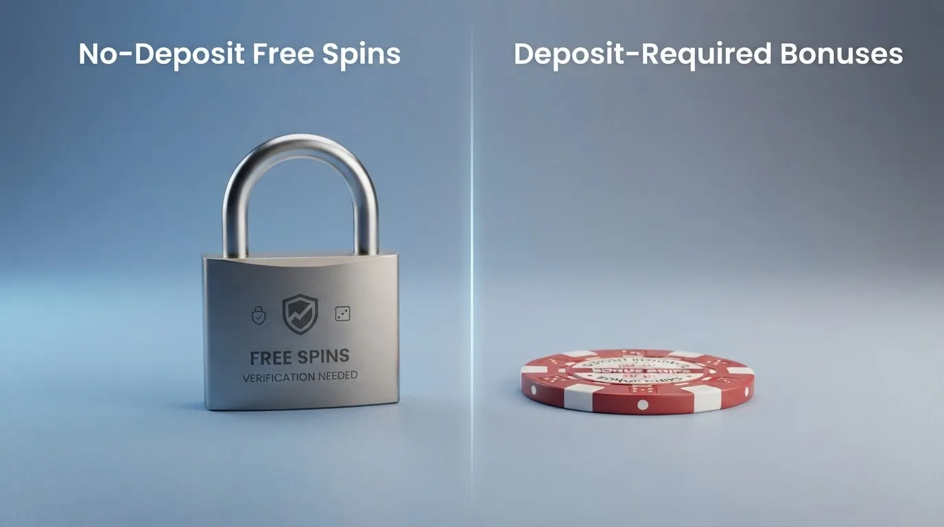 Eine Gegenüberstellung: Links ein Schloss-Symbol für verifizierungsbasierte Gratis-Freispiele, rechts eine CHF-Münze für einzahlungspflichtige Boni