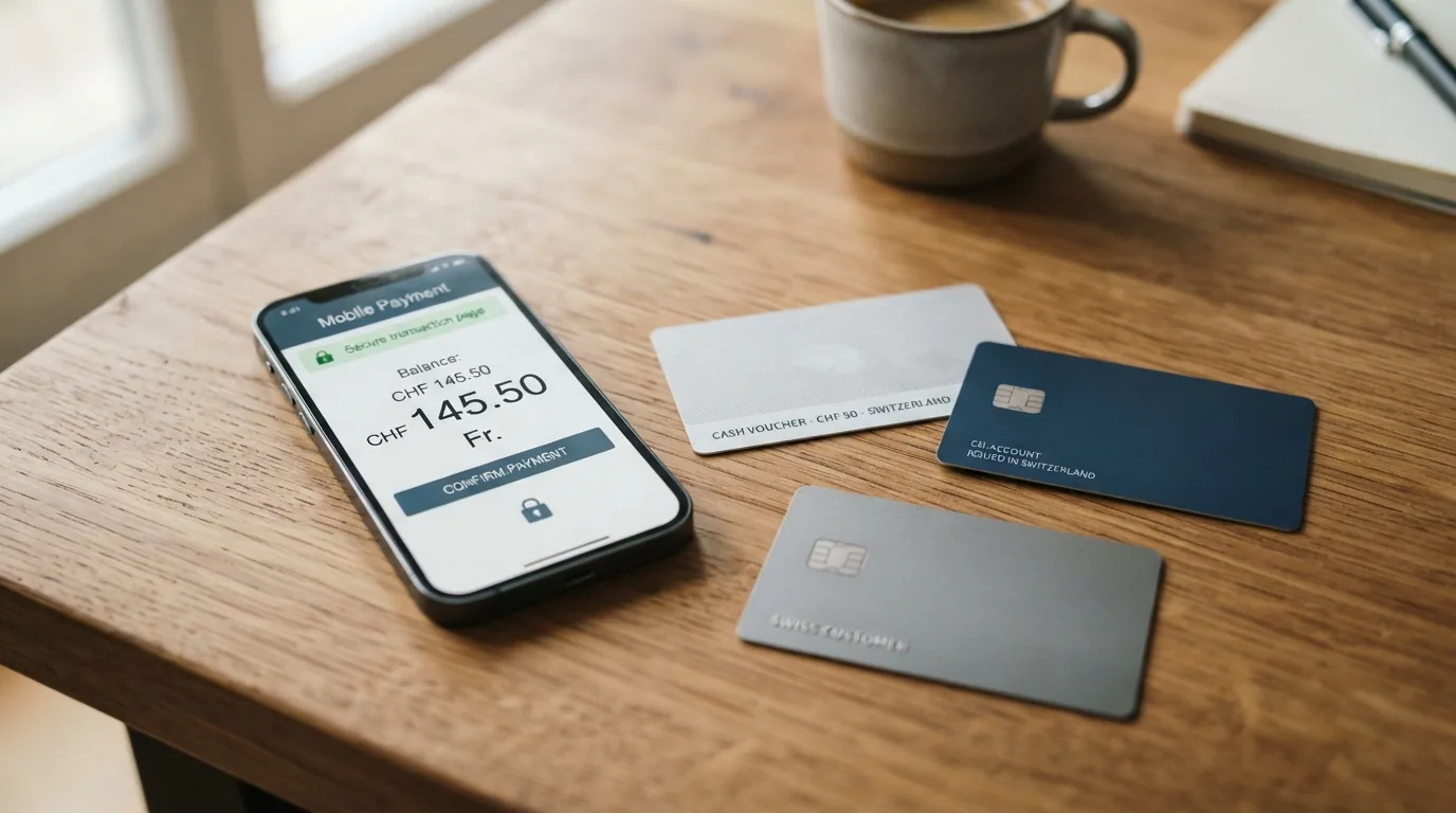Eine Brieftasche mit TWINT-Logo auf dem Smartphone, eine Paysafecard, eine PostFinance-Karte und eine Kreditkarte auf einem Holztisch