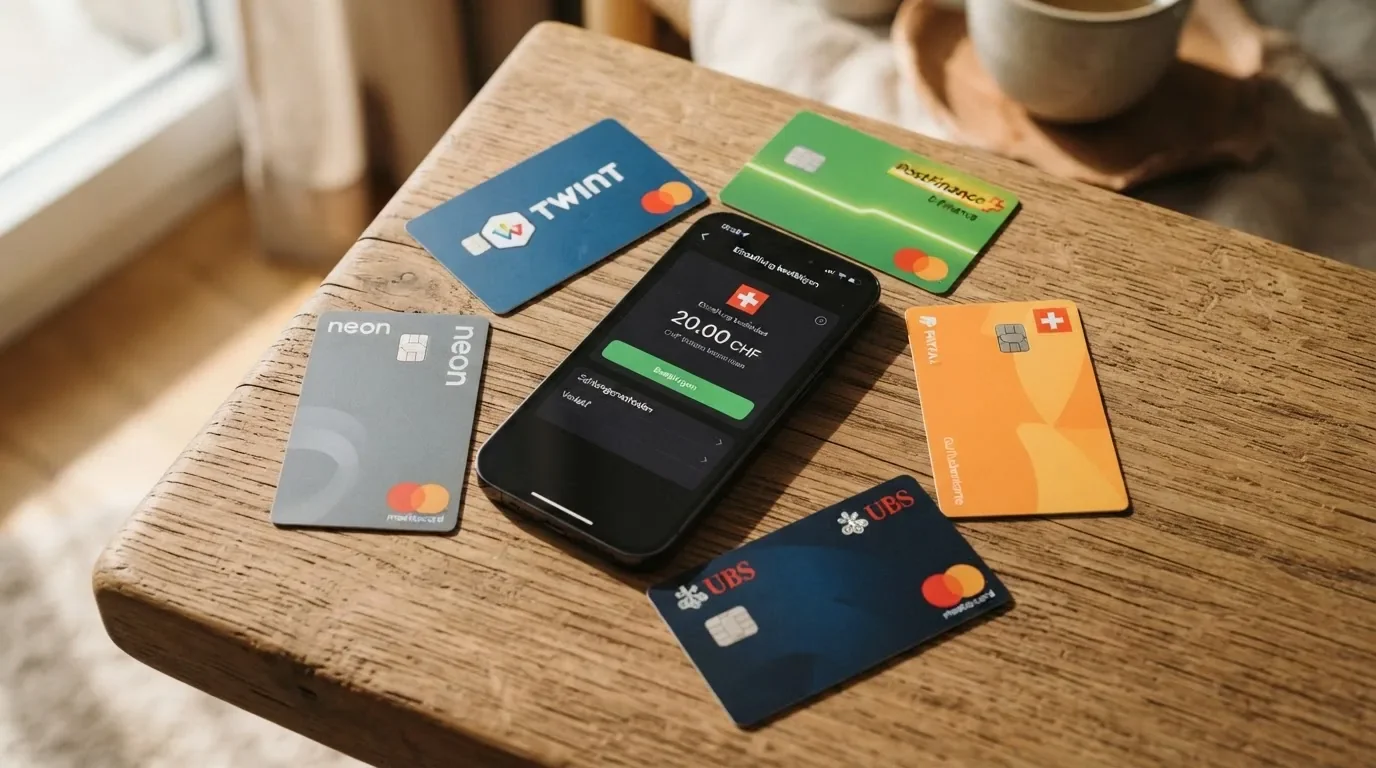 Die Logos von TWINT, Apple Pay, Paysafecard, Visa, Mastercard und PostFinance, angeordnet um ein Smartphone mit einer 20-Franken-Einzahlungsmaske.