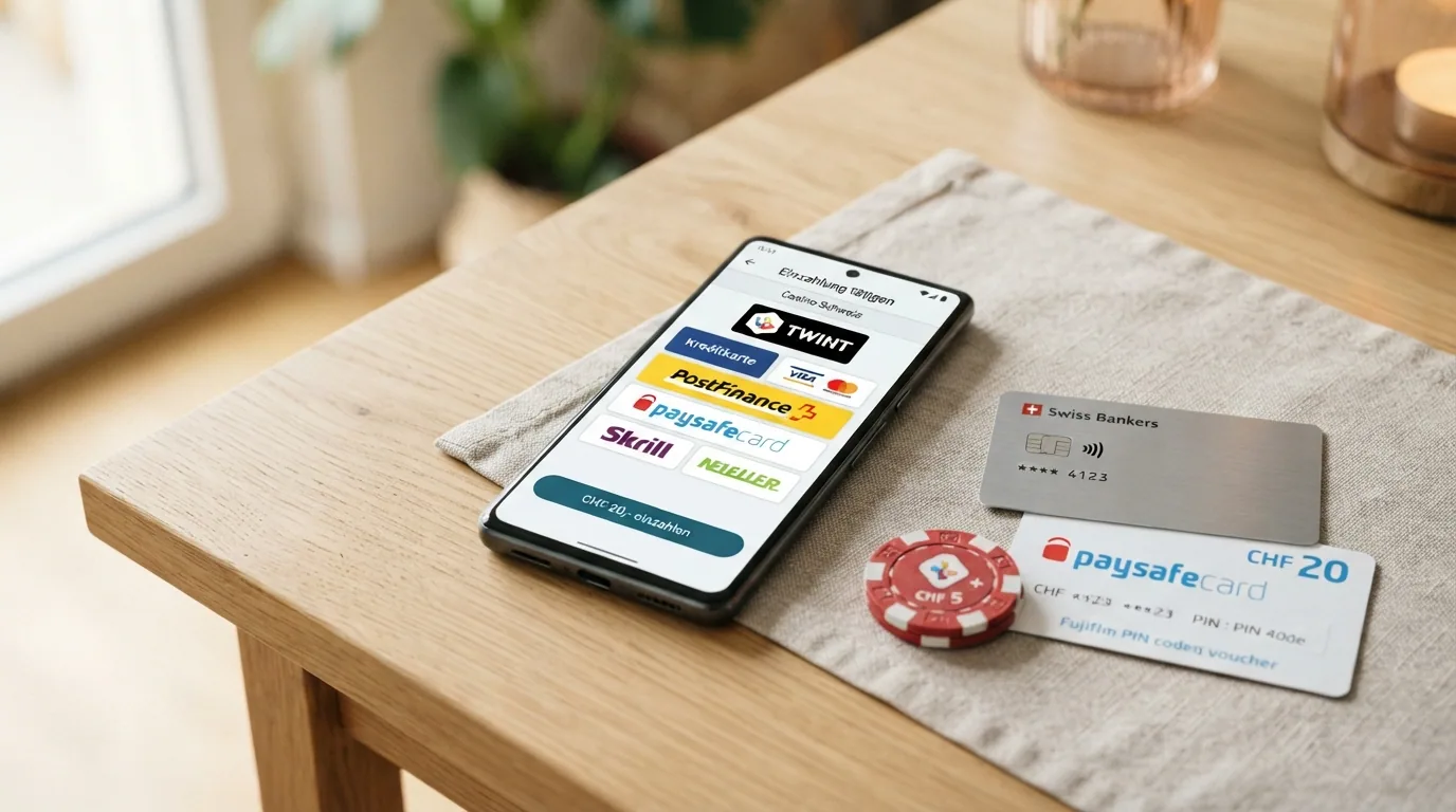 Nahaufnahme eines Smartphones mit geöffneter Einzahlungsmaske eines Schweizer Online-Casinos, Zahlungsoptionen sichtbar