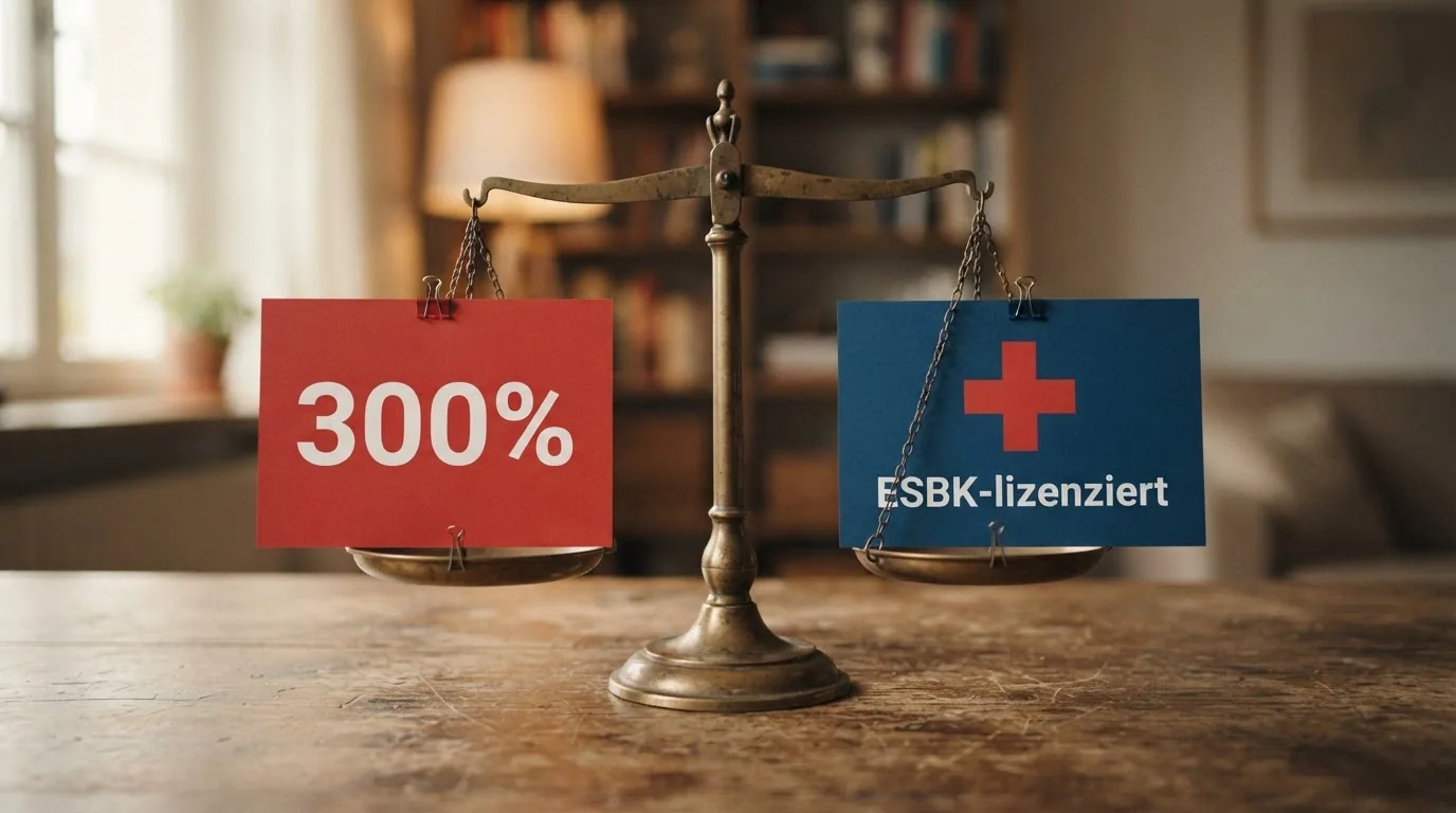 Eine Waage im Gleichgewicht: auf der einen Seite ein rotes «300%»-Schild, auf der anderen ein blaues Schweizerkreuz mit dem Schriftzug «ESBK-lizenziert»