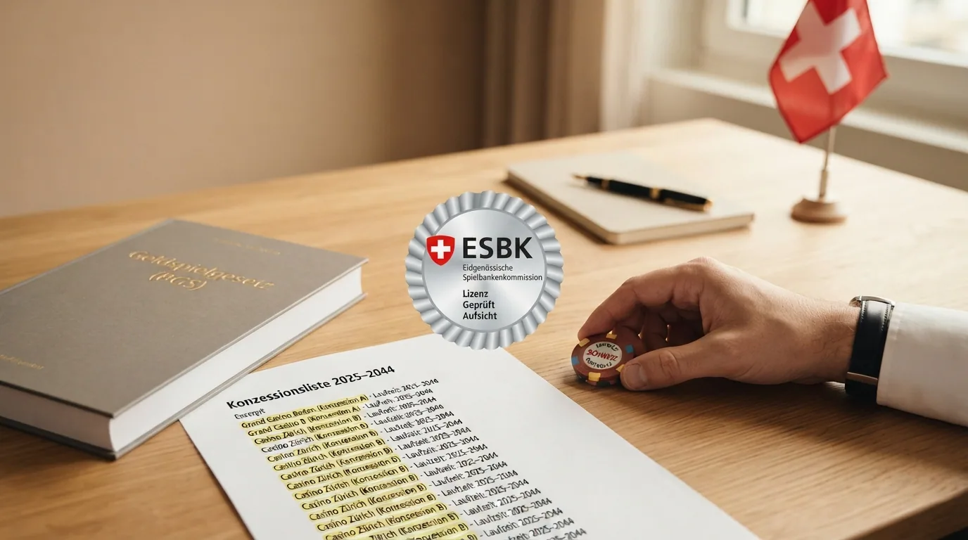 Die Titelseite des Geldspielgesetzes neben dem ESBK-Logo und einem Auszug aus der Konzessionsliste mit Datum 2025–2044
