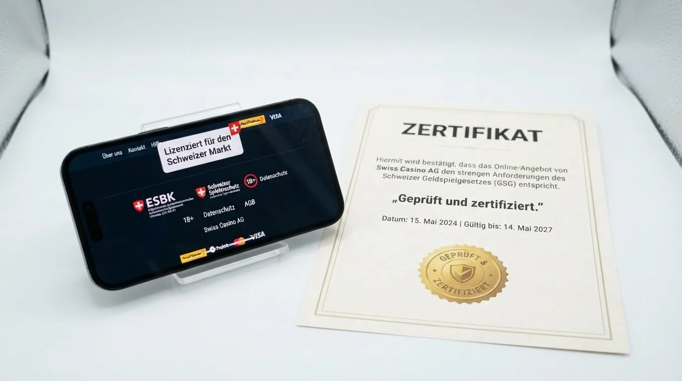 Ein Bildschirm zeigt das ESBK-Logo und den Konzessionshinweis im Footer einer Casino-Website