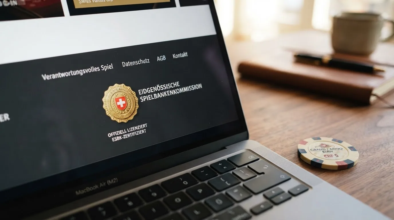 Ein Screenshot des ESBK-Konzessionshinweises im Footer eines Schweizer Online-Casinos, mit vergrössertem Logo-Bereich