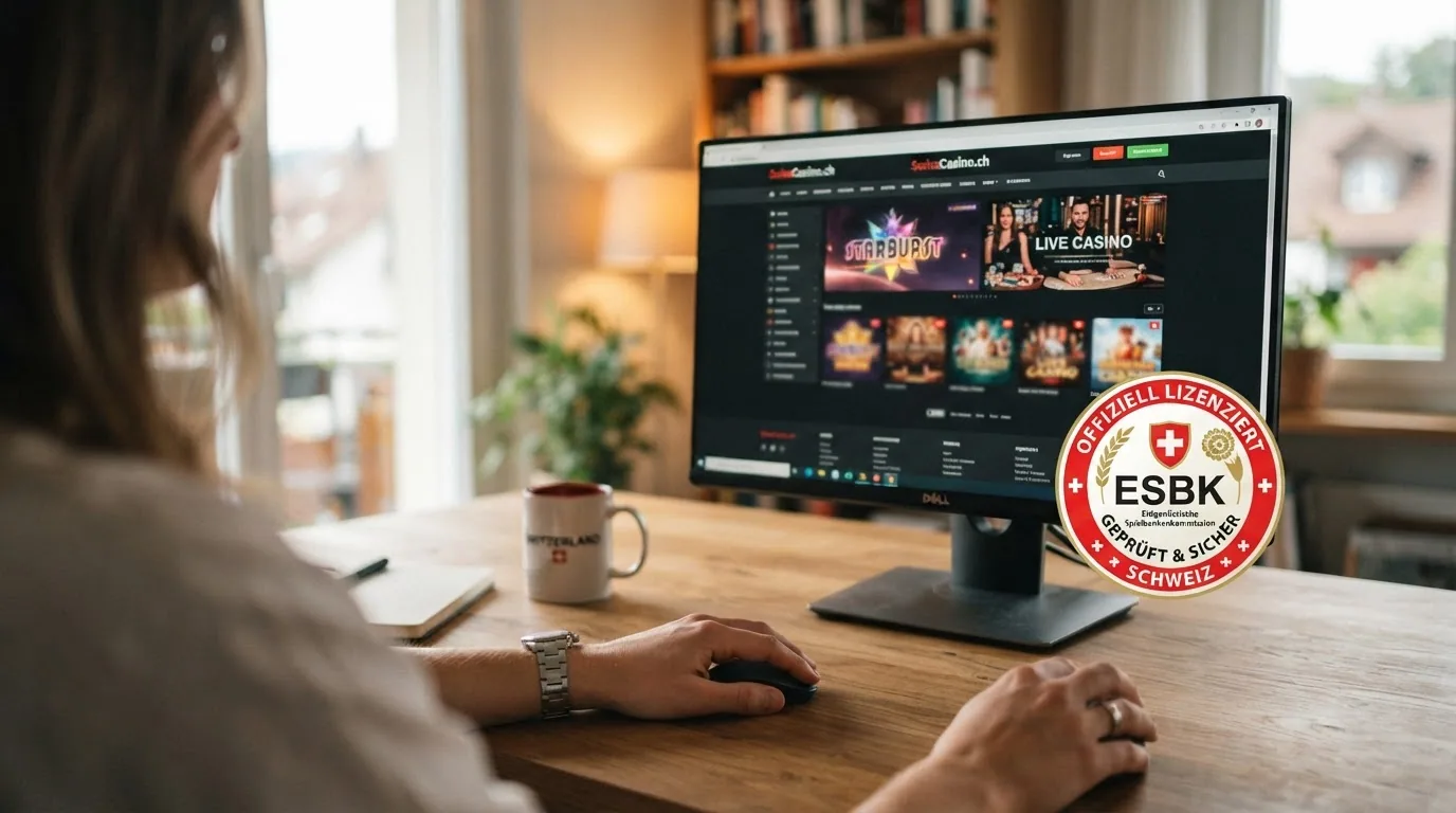 Offizielles ESBK-Logo auf einer Schweizer Casino-Webseite mit hervorgehobenem Konzessionshinweis