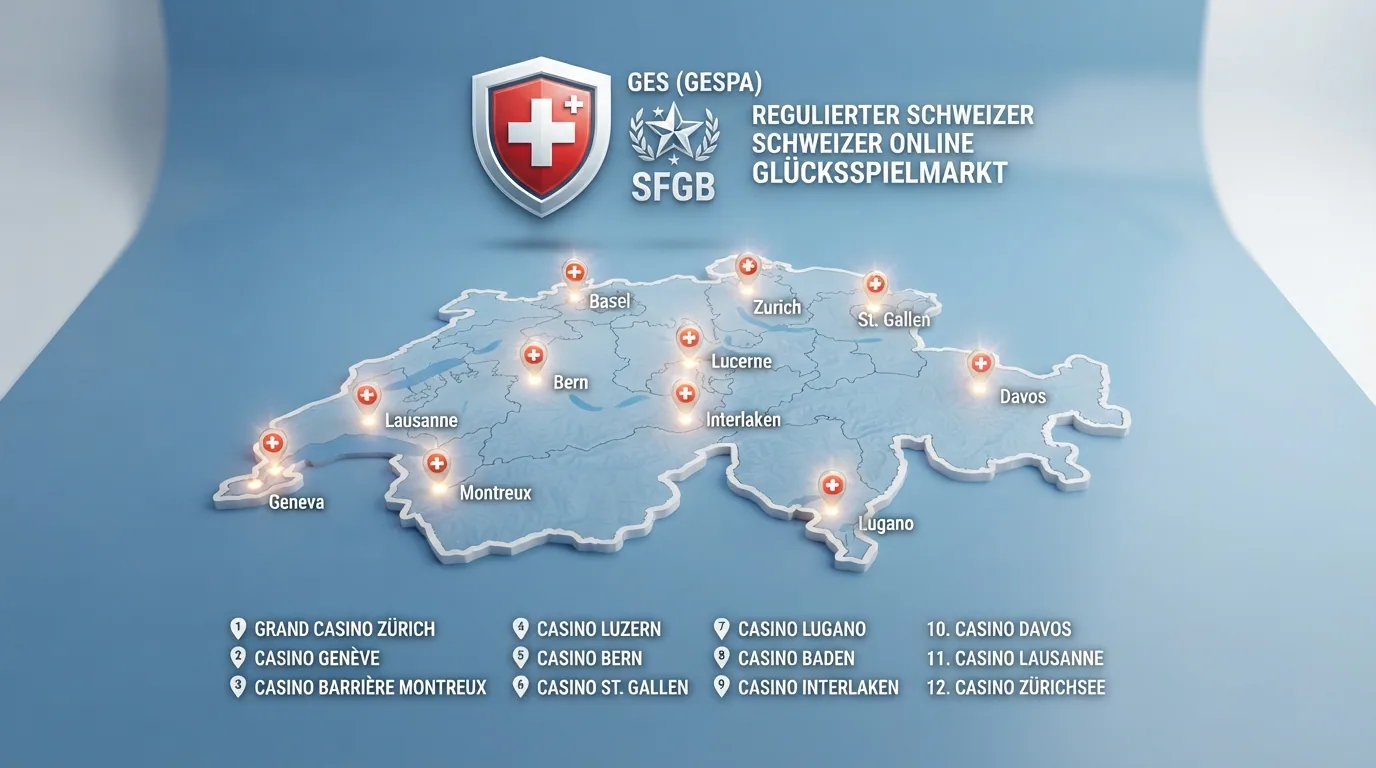 Eine stilisierte Schweizer Karte mit den Standorten der 12 lizenzierten Spielbanken, das ESBK-Logo und der Schriftzug «Geldspielgesetz (BGS)»