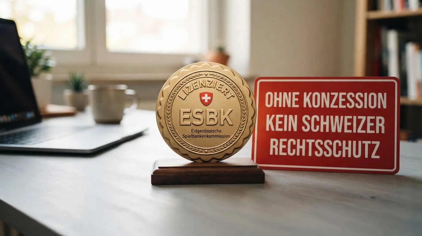 Das offizielle ESBK-Logo oder eine stilisierte Darstellung des «Konzession»-Siegels neben einem roten Warnhinweis «Ohne Konzession = Kein Schweizer Rechtsschutz»