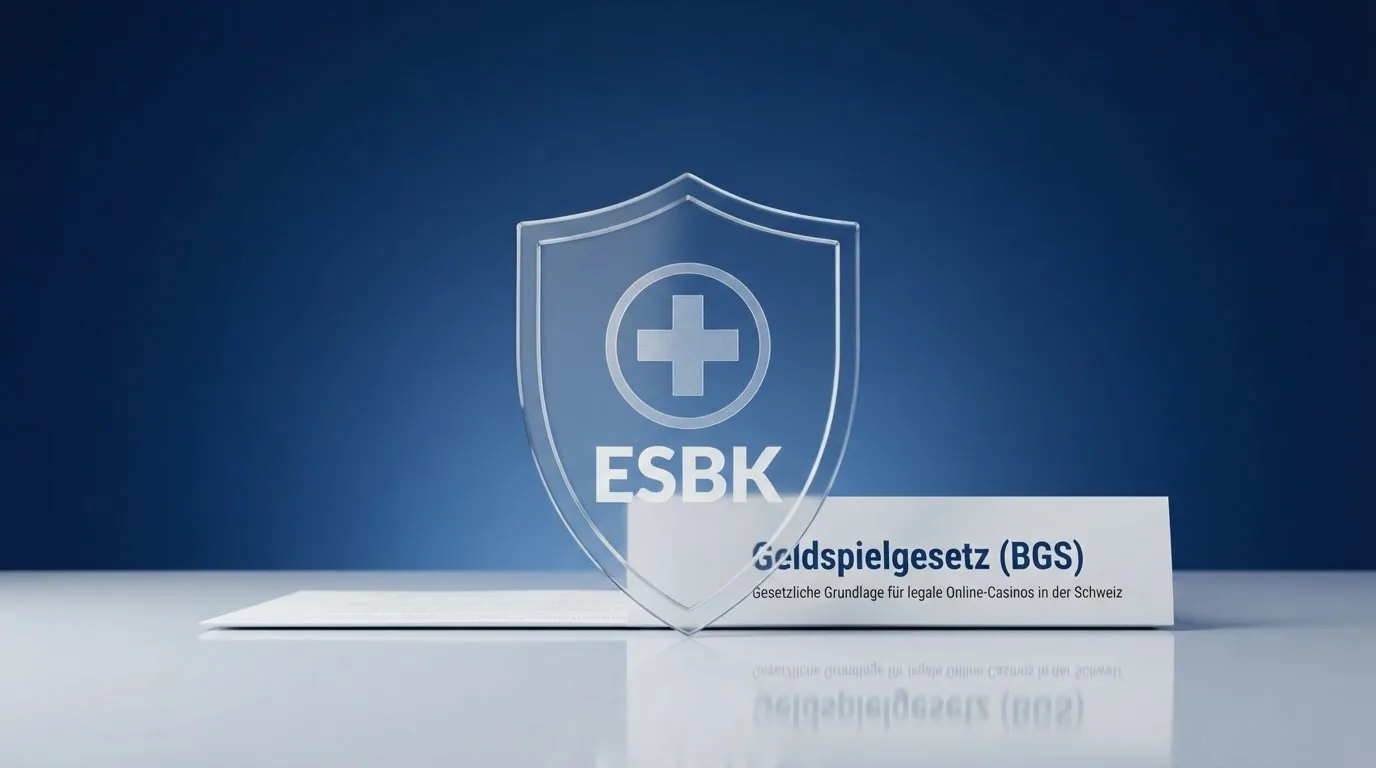Das offizielle ESBK-Logo neben dem Schweizer Bundesadler auf einem Dokument mit Überschrift «Geldspielgesetz (BGS)»