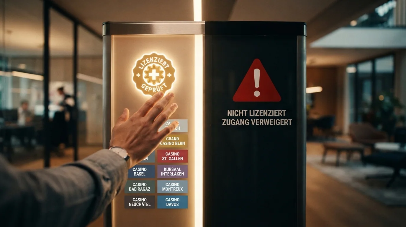 Das ESBK-Logo auf einer Sicherheits-Schleuse: links die 10 lizenzierten Casinos im hellen Bereich, rechts abgedunkelt ein Warnsymbol «Offshore».