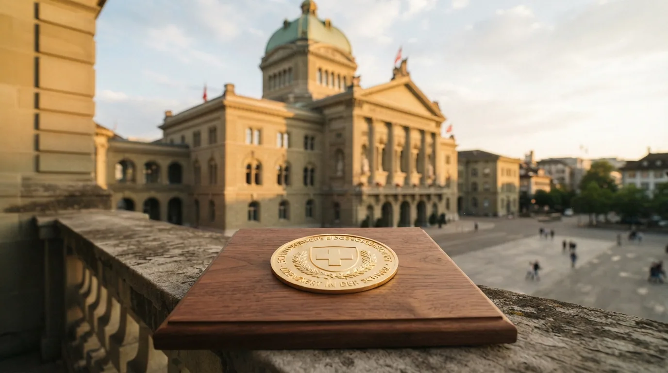 Offizielles Logo der Eidgenössischen Spielbankenkommission ESBK vor dem Bundeshaus in Bern