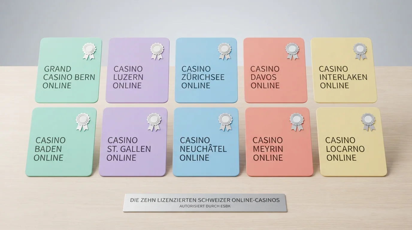 Die Logos der zehn ESBK-konzessionierten Online-Casinos in einer übersichtlichen Raster-Anordnung