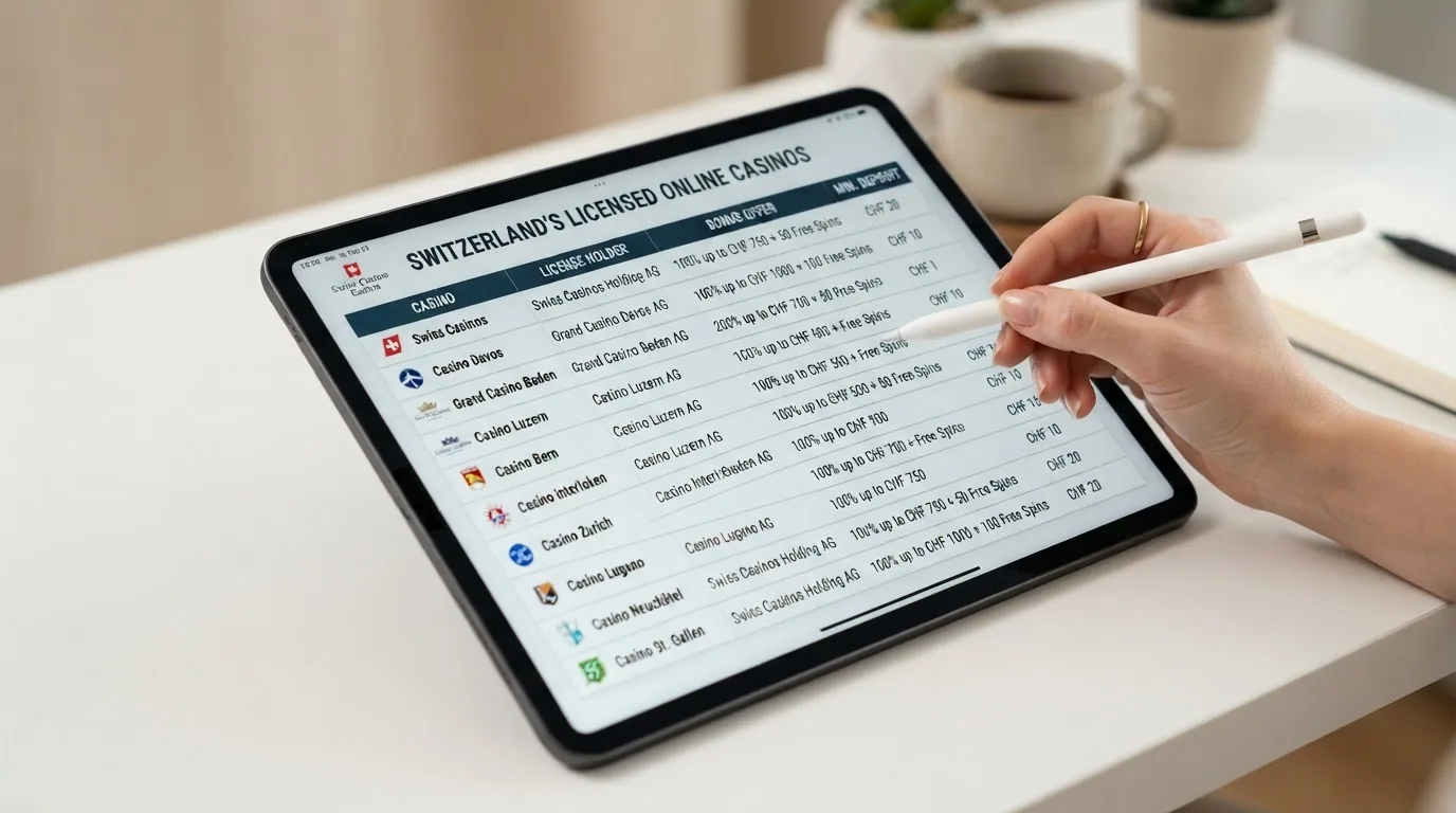 Uebersichtliche Vergleichstabelle auf einem Bildschirm mit den Logos der zehn vorgestellten Online-Casinos