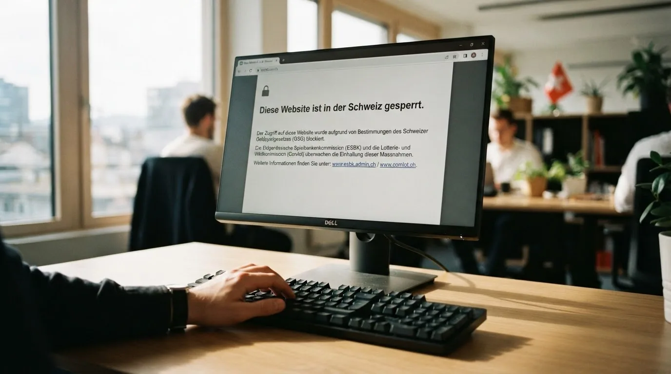 Ein symbolisches Bild zu Internetsperren mit Schweizer Kontext — ein Monitor mit Warnhinweis und dem ESBK-Schriftzug
