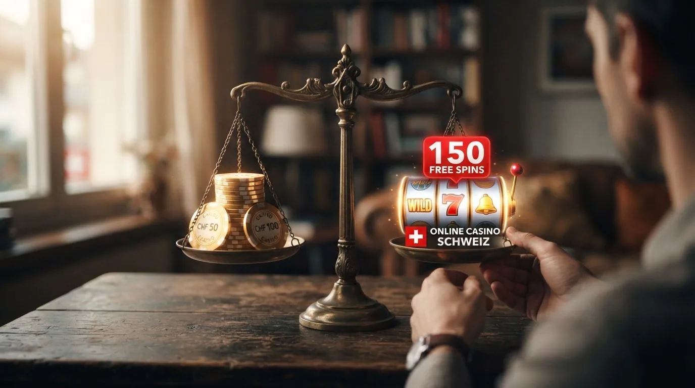 Zwei Waagschalen: links ein Stapel goldener Münzen (Bonusgeld), rechts ein Slot-Symbol mit der Zahl 150 (Freispiele)