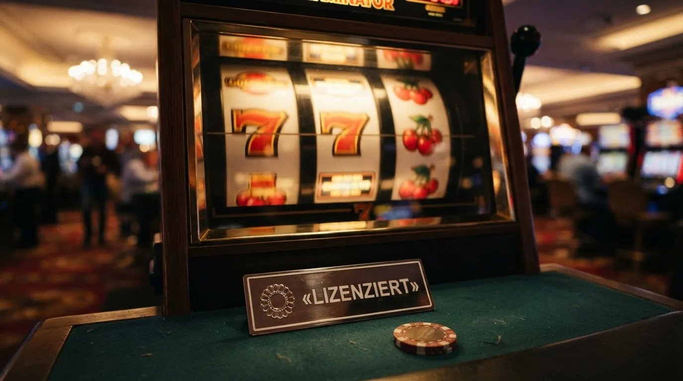 Eine Slot-Walze in Bewegung mit fünf sichtbaren Freispiel-Symbolen, darunter das Logo eines ESBK-lizenzierten Casinos