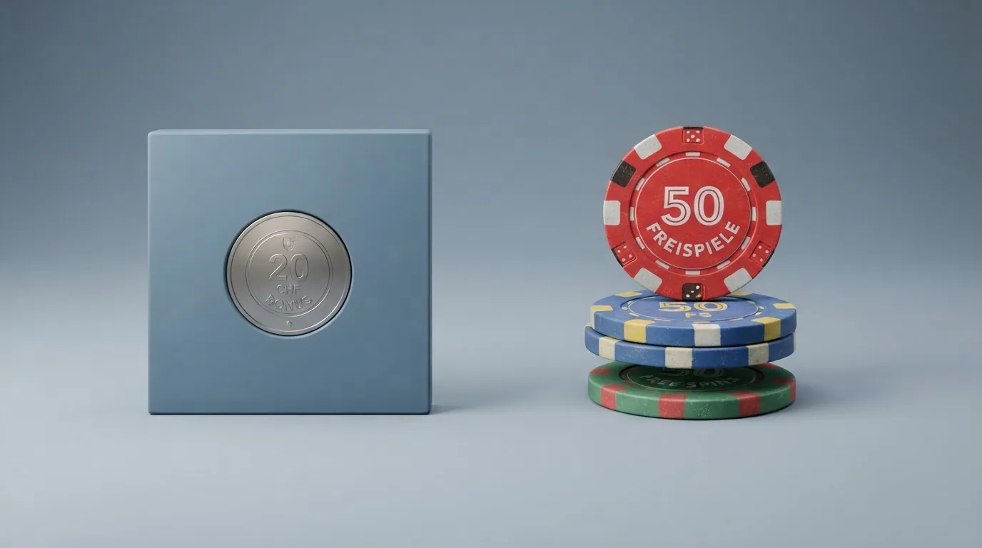 Eine Gegenüberstellung: links das Icon «20 CHF Bonus», rechts «50 Freispiele», visuell als Wahlbildschirm eines Casinos dargestellt.