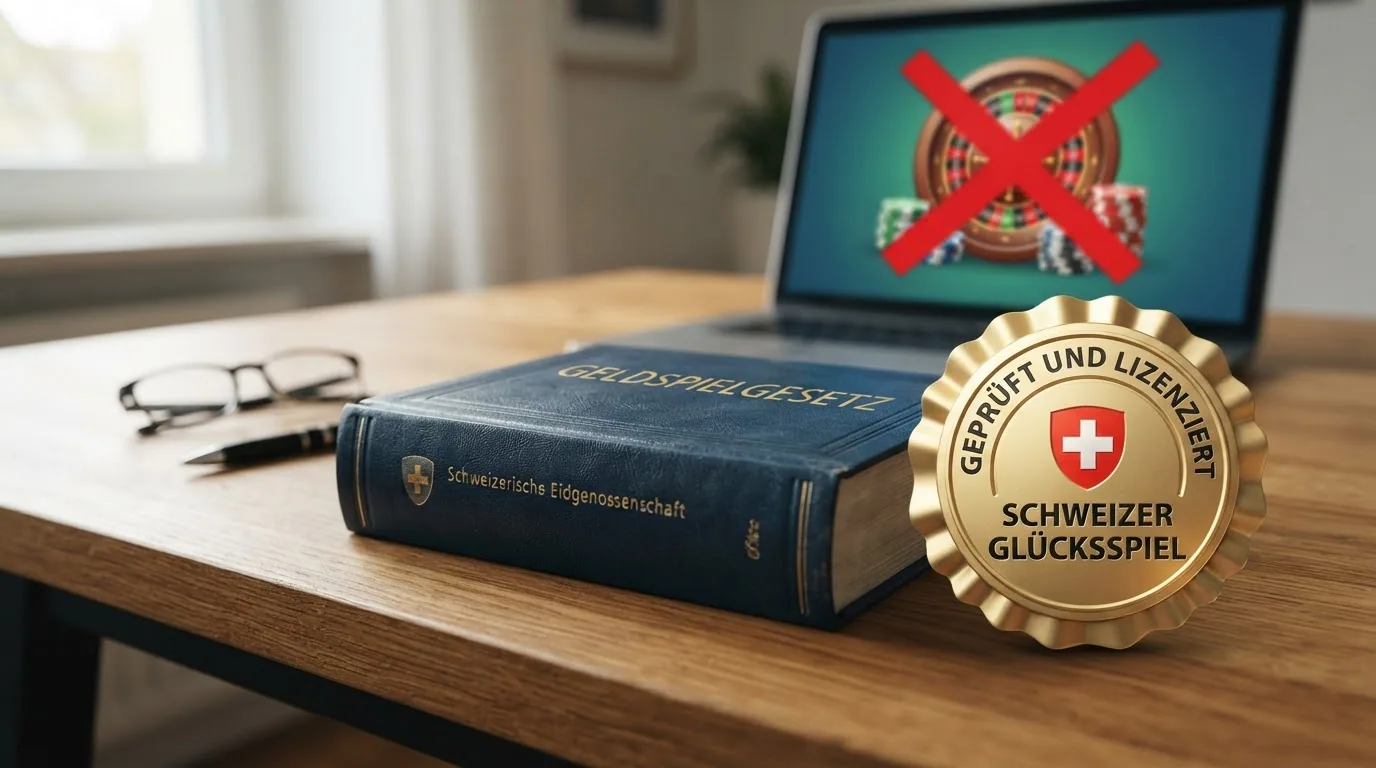 Schweizer Gesetzbuch mit ESBK-Siegel und einem durchgestrichenen Offshore-Casino-Symbol im Hintergrund