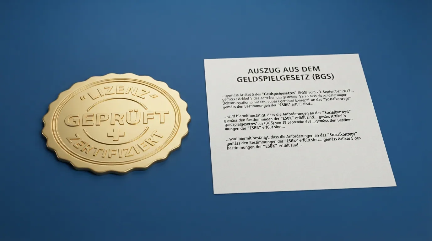 Das offizielle Logo der ESBK (Eidgenössische Spielbankenkommission) neben einem Auszug aus dem Geldspielgesetz mit markierten Paragrafen