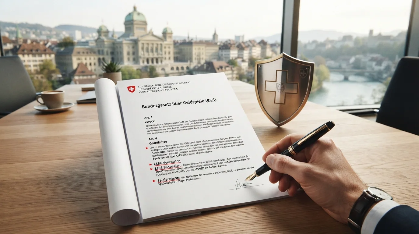 Offizielles Dokument mit ESBK-Siegel und Schweizer Wappen, daneben das Bundesgesetz über Geldspiele (BGS)