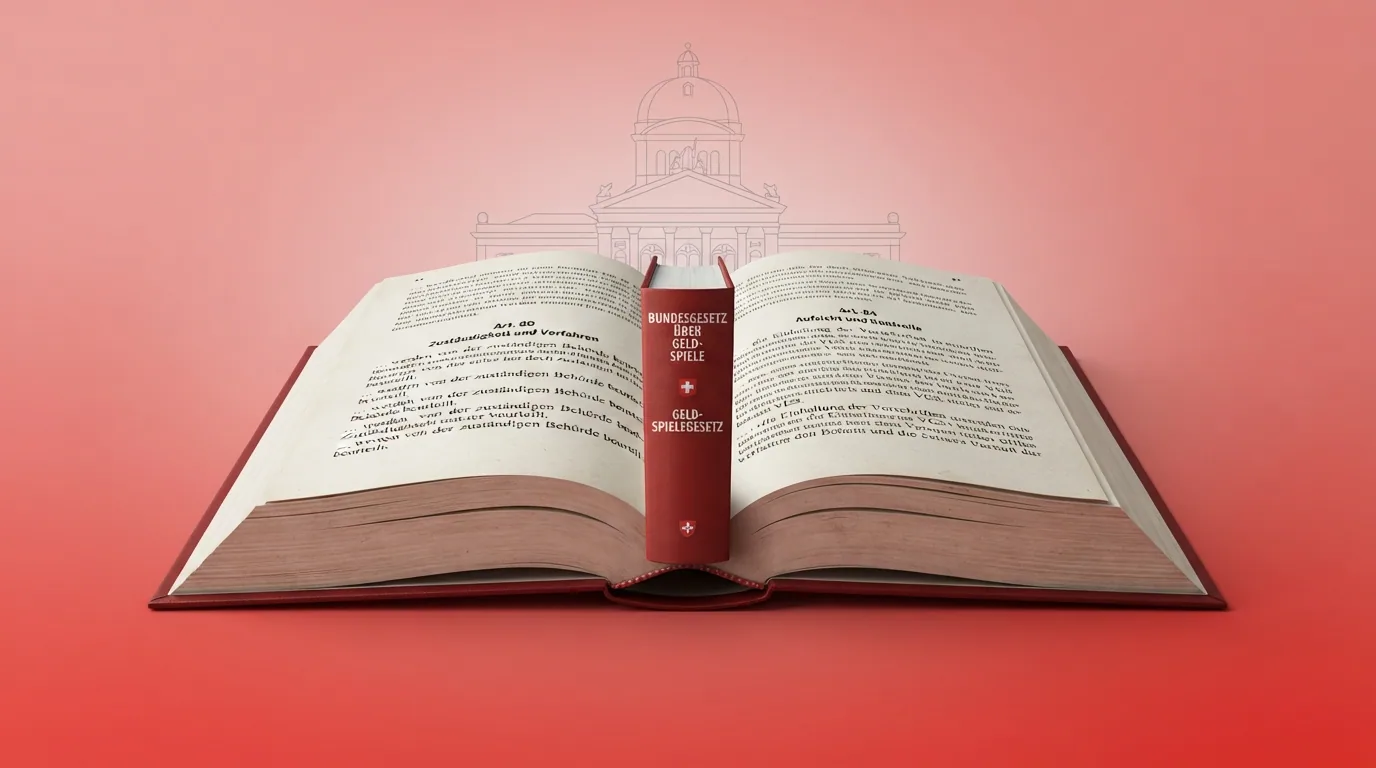 Das Bundesgesetz über Geldspiele als Gesetzestext oder Buch vor dem Schweizer Parlamentsgebäude