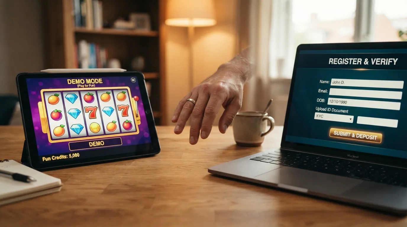 Zwei Wege gabeln sich: ein Pfeil «Gratis testen» führt zu einer Slot-Walze mit Spielgeld, der andere «Echtgeld starten» zu einem KYC-Formular