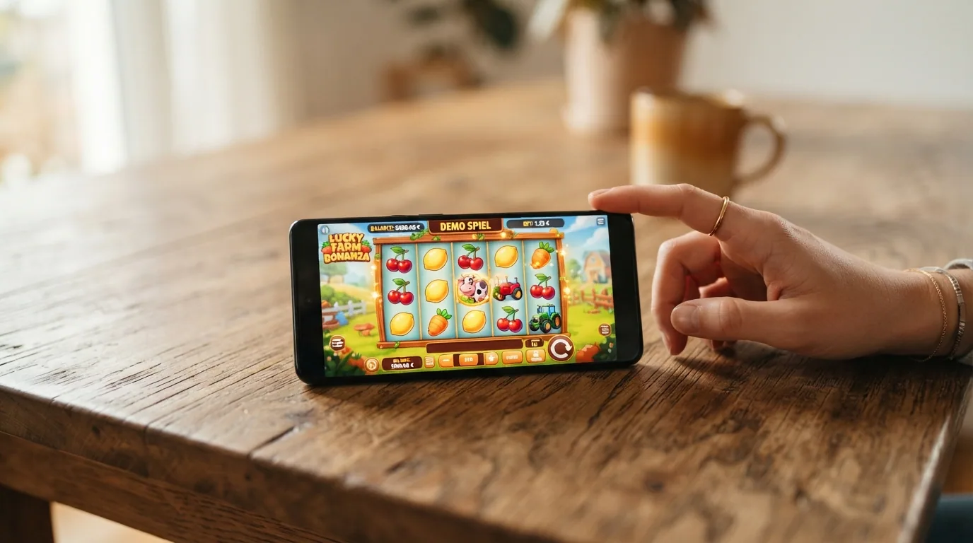 Bildschirm eines Slots im Demo-Modus mit Spielgeld-Anzeige und der Beschriftung «Spielgeld» oder «Demo»