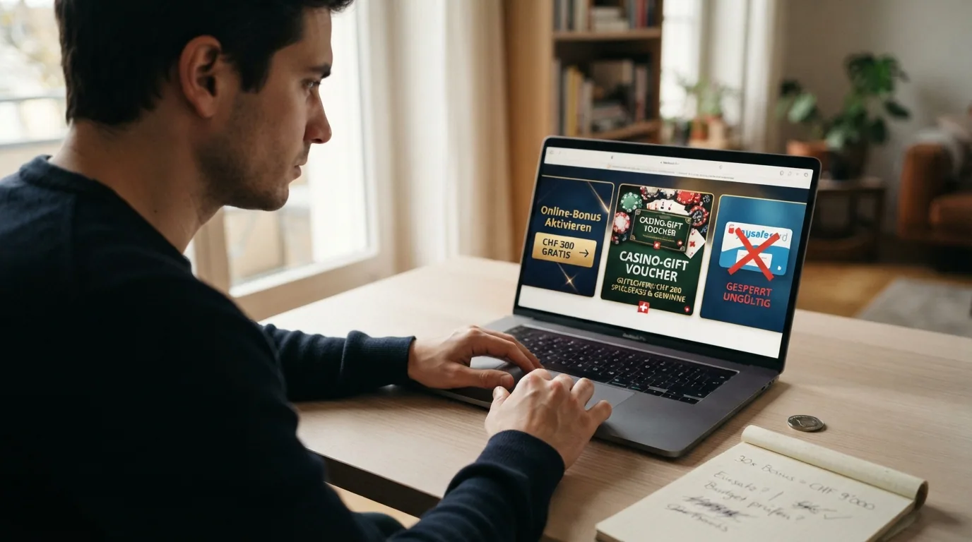 Eine Person sitzt nachdenklich vor einem Laptop und betrachtet drei visuelle Kacheln: «Online-Bonus», «Geschenkgutschein basteln» und eine durchgestrichene «Amazon»-Kachel