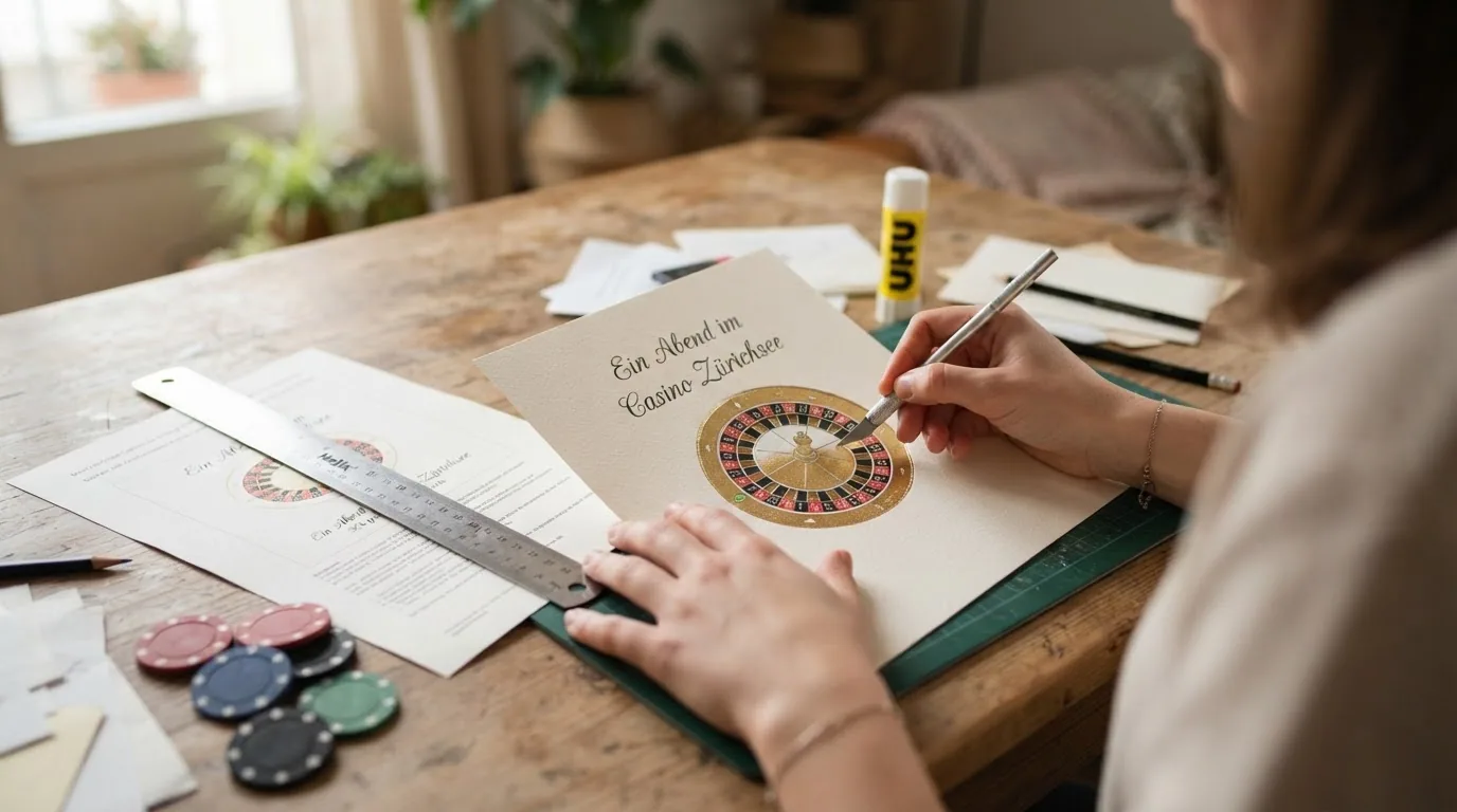 Eine liebevoll gebastelte Casino-Geschenkkarte mit Spielkarten-Motiv, Pokerchips und handschriftlicher Widmung auf einem Holztisch