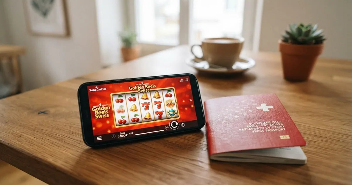 Ein Smartphone mit geöffneter Casino-Website zeigt Spielautomaten auf dem Bildschirm, daneben liegt ein Schweizer Pass