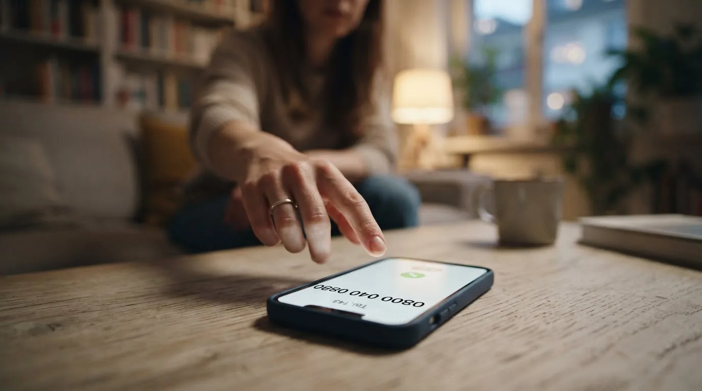 Ein Smartphone mit der eingetippten Nummer 0800 040 080 und dem Hinweis «24h, gratis, anonym»