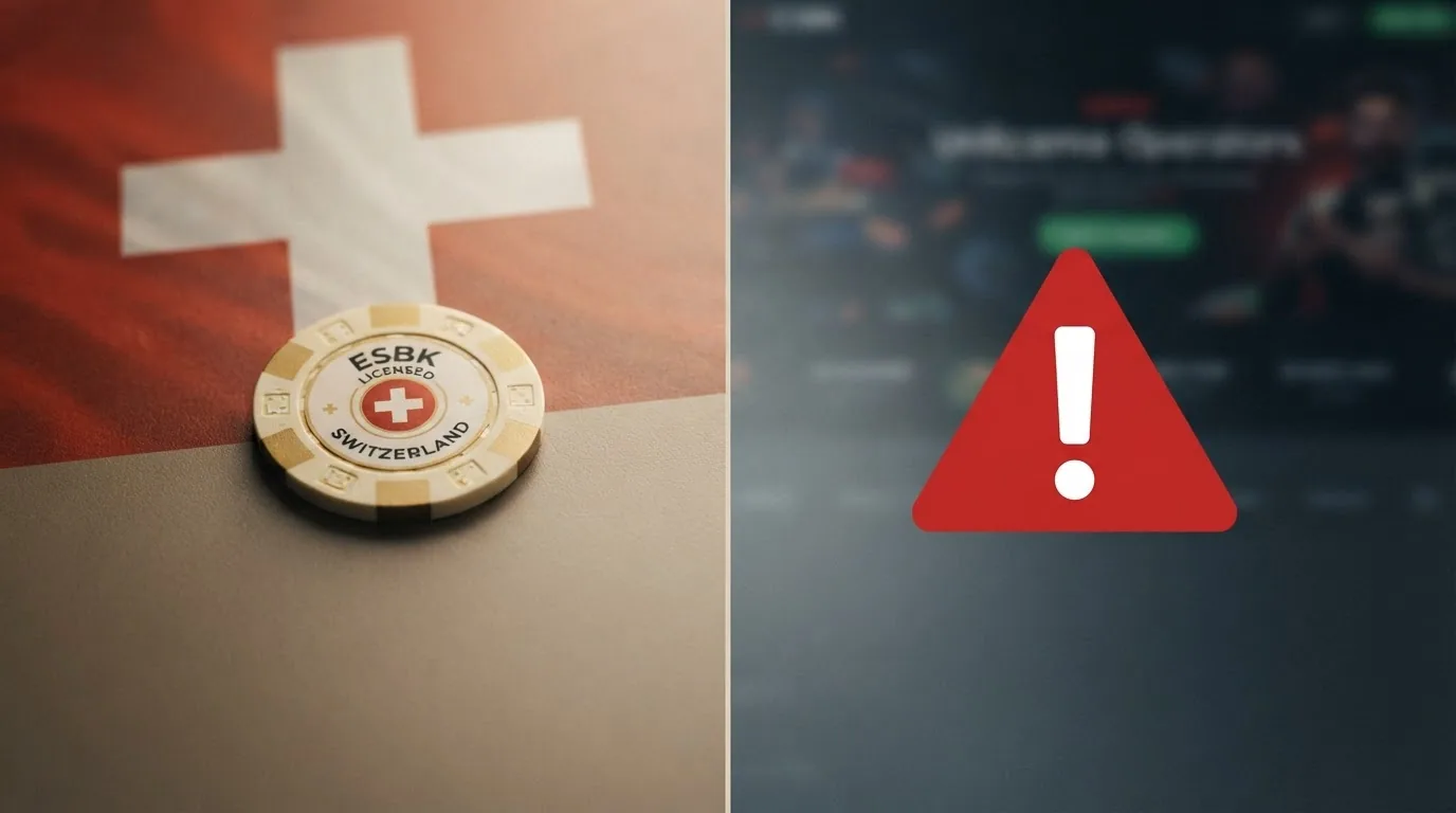 Eine visuelle Trennung: links das Schweizer Kreuz auf solidem Hintergrund für lizenzierte Casinos, rechts ein warnendes Ausrufezeichen für Offshore-Seiten