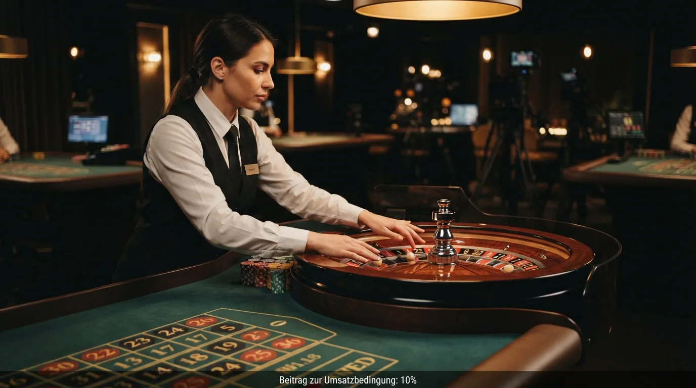 Ein Live-Roulette-Tisch mit Croupier im Bild, am unteren Rand ein kleiner eingeblendeter Text: «Beitrag zur Umsatzbedingung: 10%»