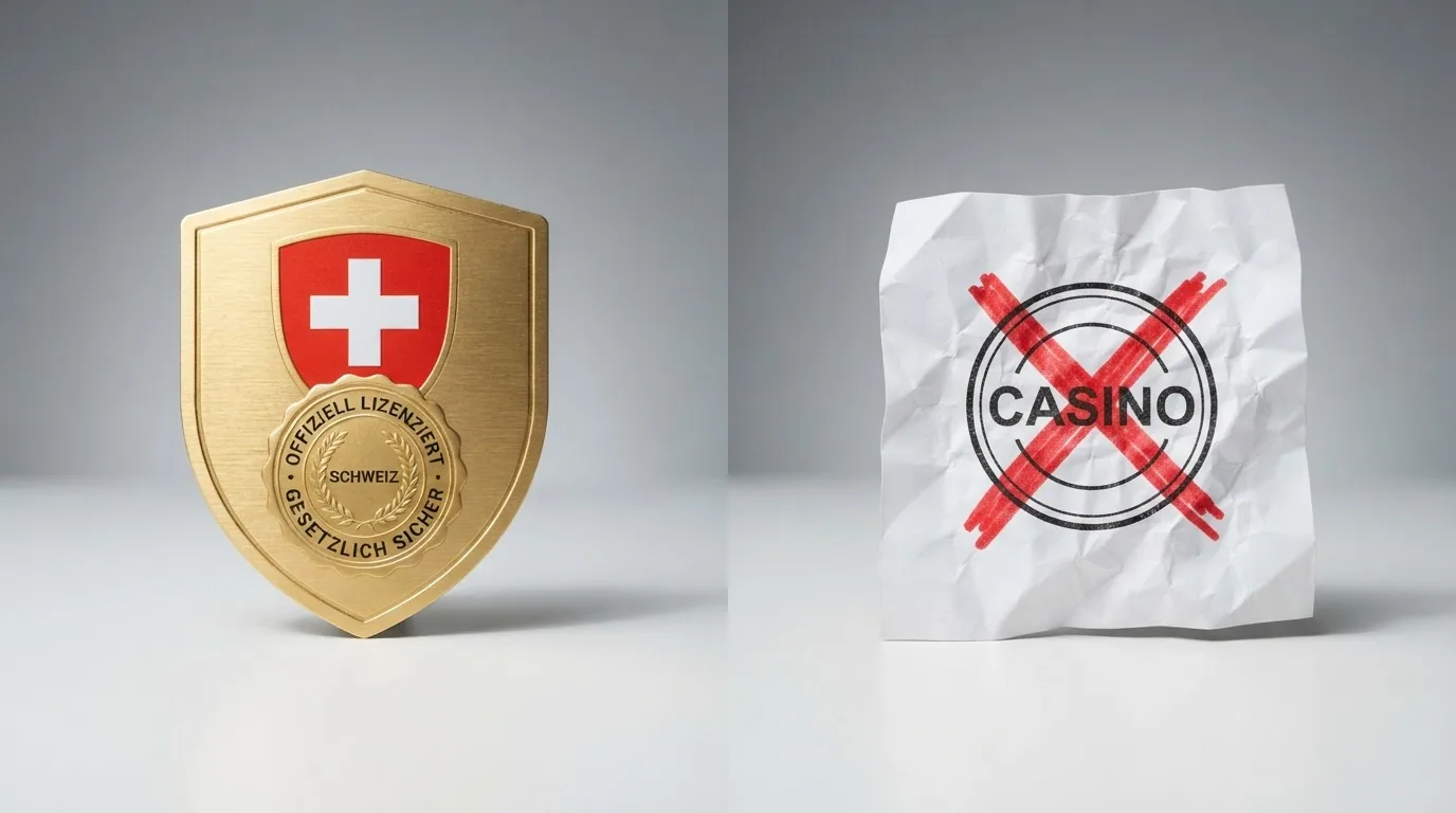 Eine zweigeteilte Grafik: links ein Schild mit ESBK-Siegel und Häkchen, rechts ein durchgestrichenes Offshore-Symbol mit Warnhinweis