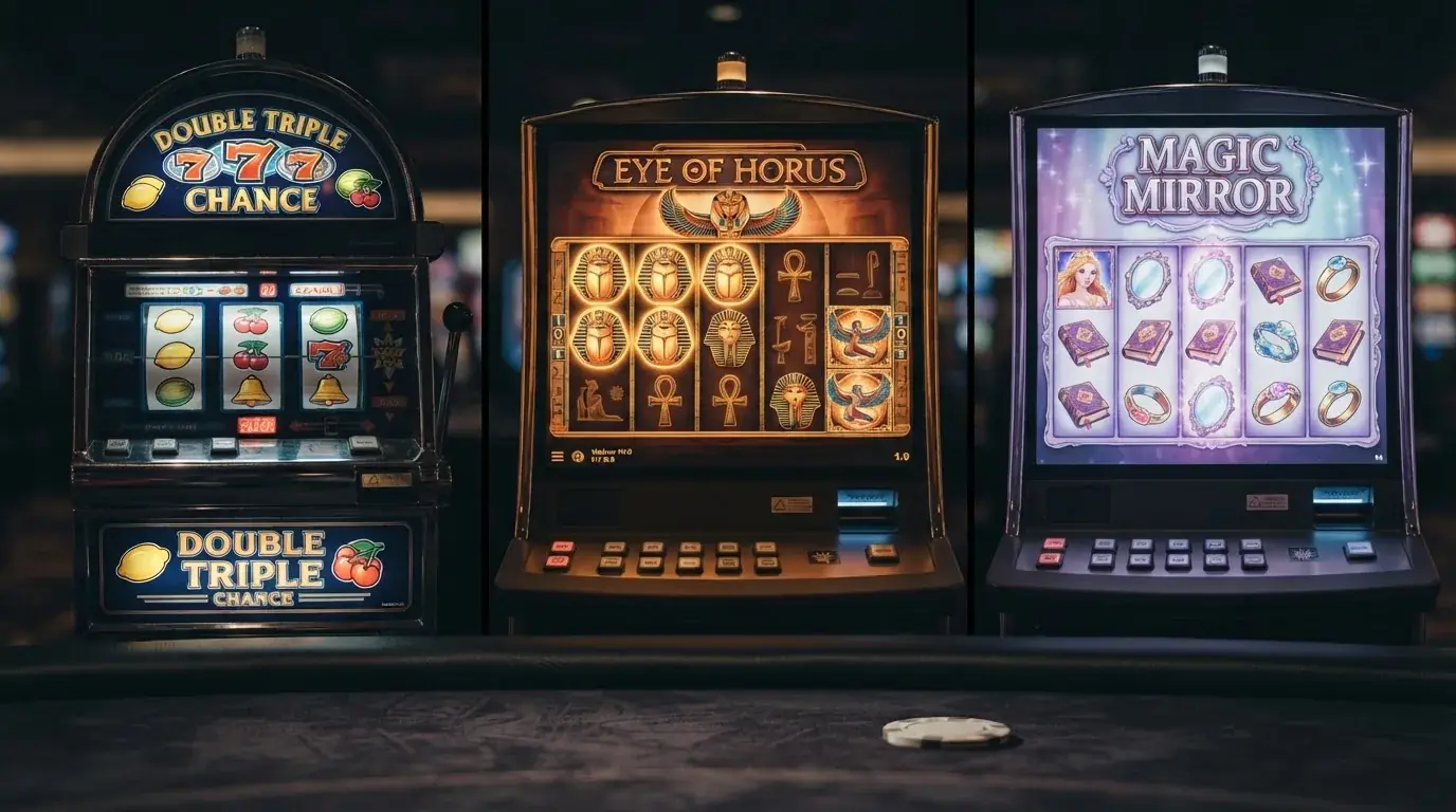 Drei Merkur-Spielautomaten im Splitscreen: links Double Triple Chance (Frucht-Walzen), Mitte Eye of Horus (Ägypten-Thema), rechts Magic Mirror (Fantasy mit Spiegeleffekt)