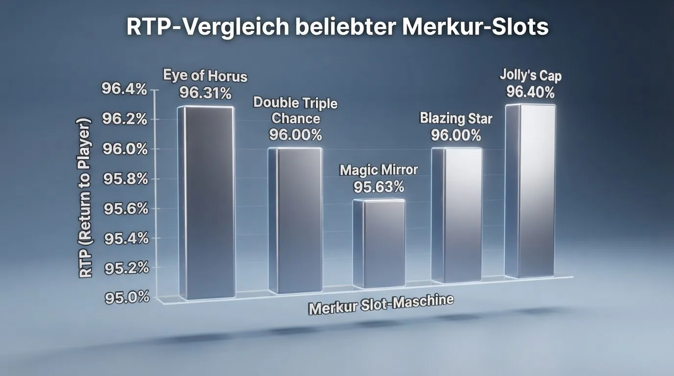 Eine visuelle Gegenüberstellung von fünf Merkur-Slot-Titeln mit ihren RTP-Prozentwerten als Balkendiagramm, sortiert von niedrigster zu höchster Quote