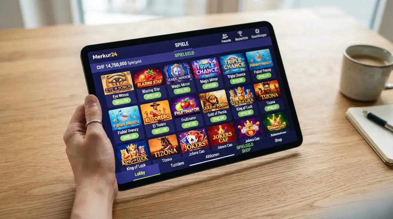 Die Merkur24-App-Startseite auf einem Tablet: Spiele-Kacheln mit virtuellen Chip-Ständen, klar als Social Casino erkennbar — keine Einzahlungsschaltfläche, kein Echtgeld-Hinweis