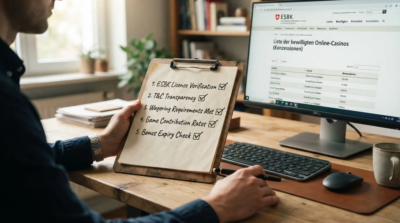 Eine Checkliste mit fünf Häkchen auf einem Klemmbrett, daneben das ESBK-Register als geöffnete Webseite auf einem Monitor