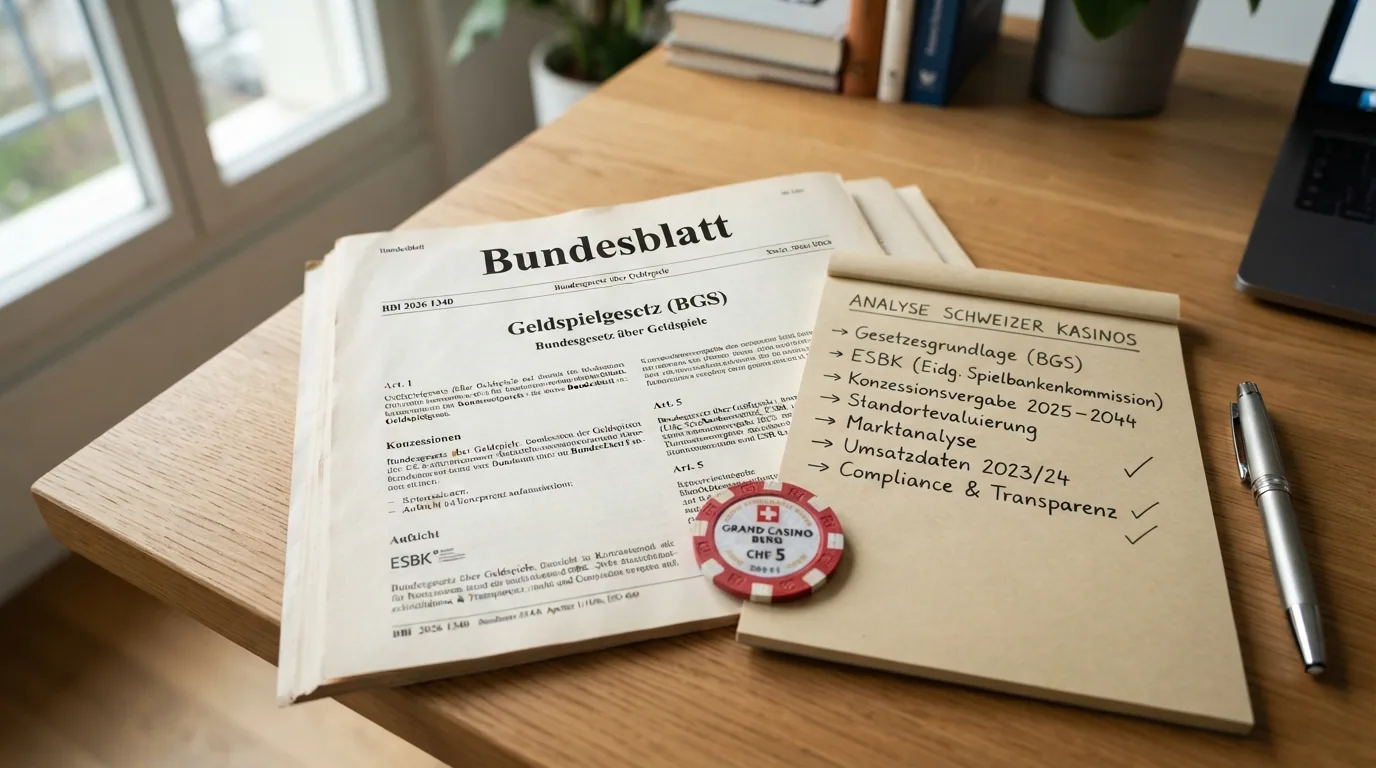 Ein Schreibtisch mit ESBK-Dokumenten, Bundesblatt-Auszügen und Notizen zur Casino-Recherche