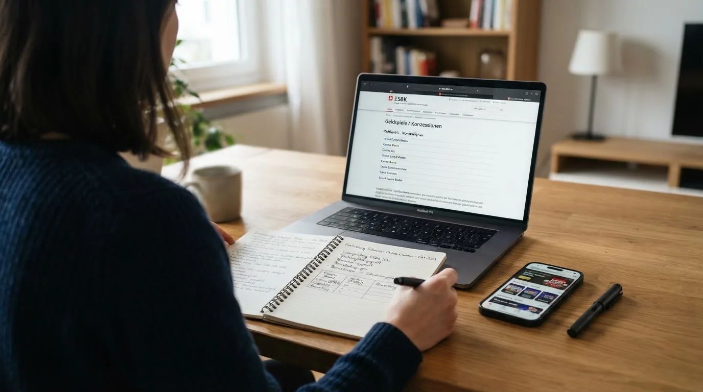 Schreibtisch mit Laptop, auf dem Bildschirm die offizielle ESBK-Liste der lizenzierten Online-Spielbanken, daneben handschriftliche Notizen
