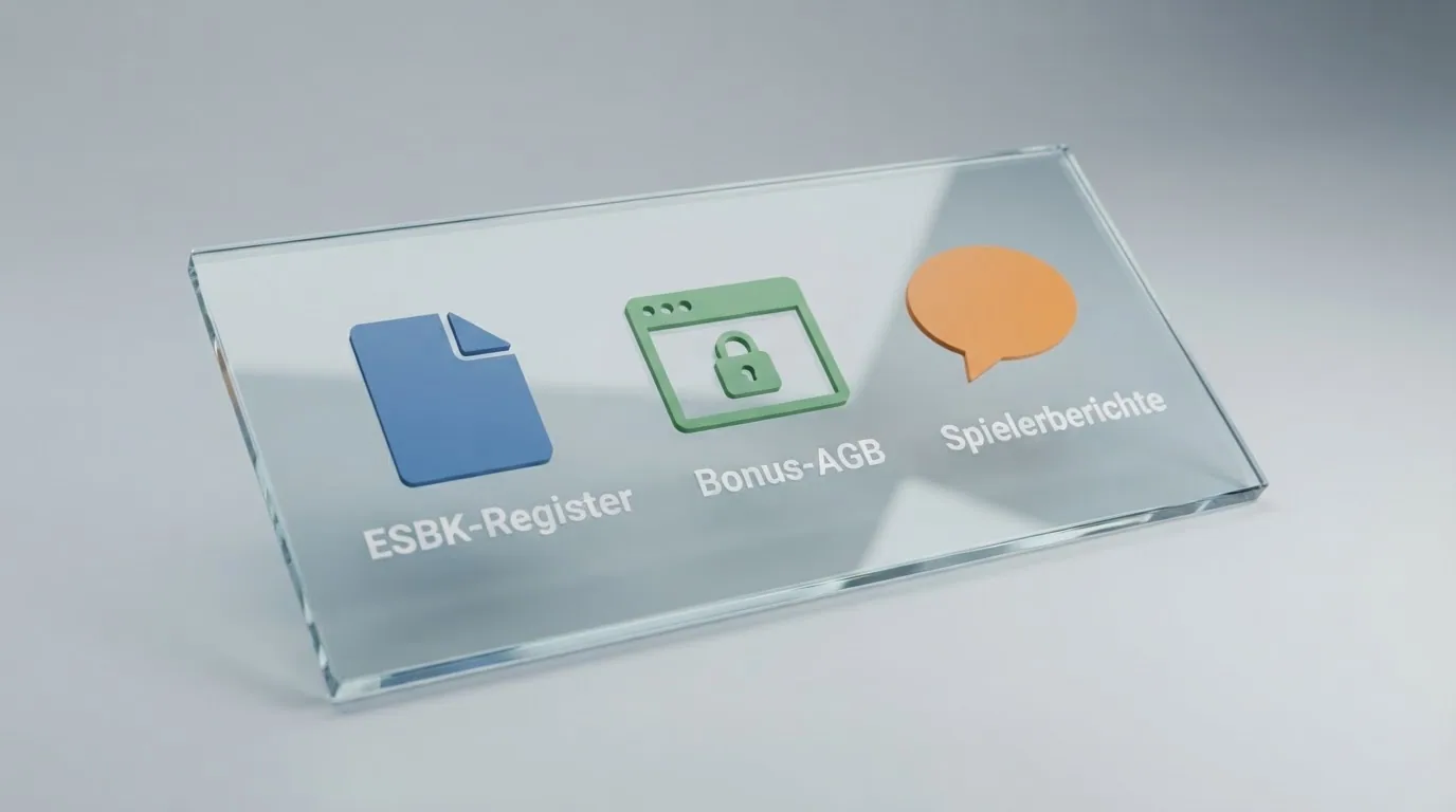 Schematische Darstellung des Prüfprozesses: ESBK-Register, Betreiber-Websites, Bonus-AGB als geprüfte Quellen