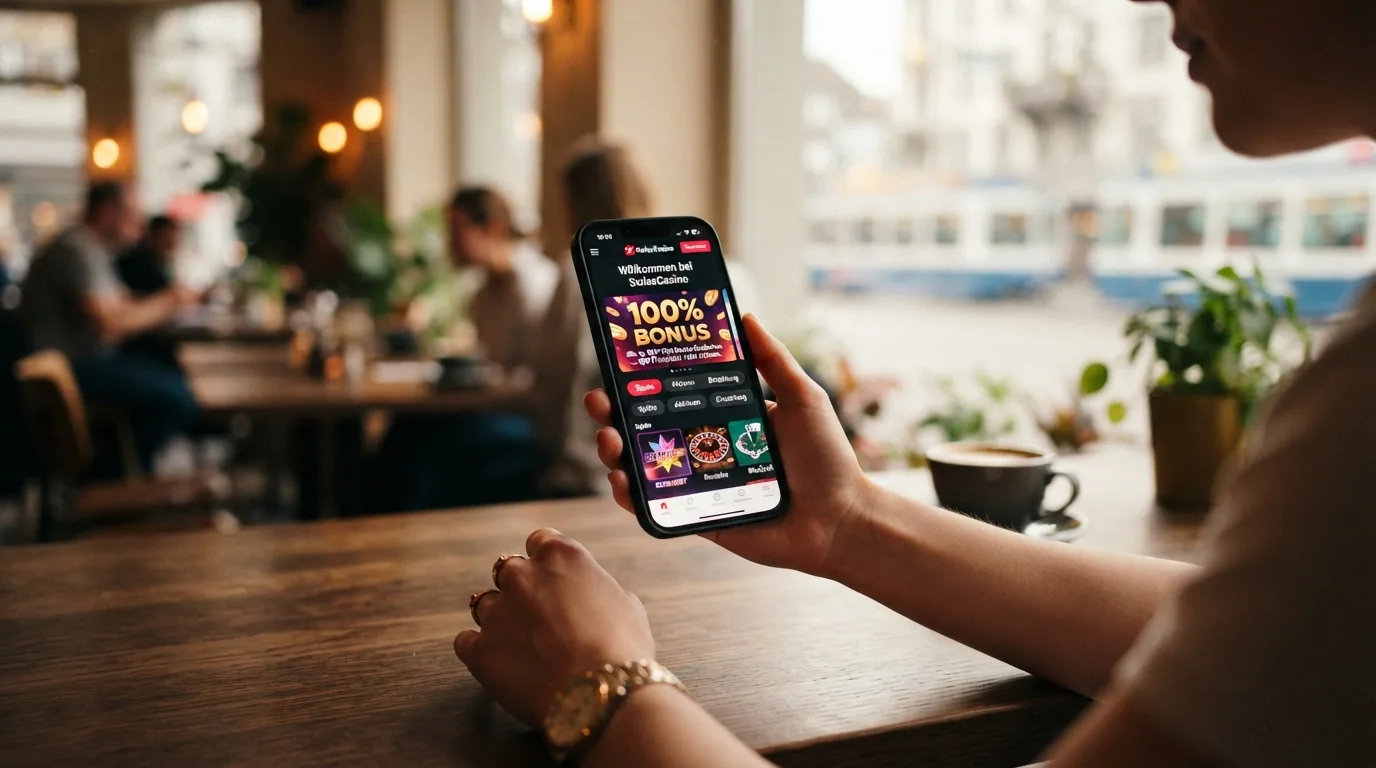 Ein Smartphone in einer Hand, auf dem Bildschirm ein Casino-Willkommensbildschirm mit «100% Bonus»-Banner.