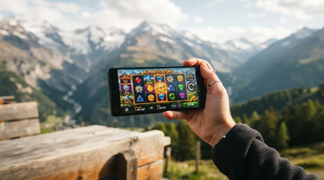 Eine Hand hält ein Smartphone im Querformat mit laufendem Slot-Spiel; im Hintergrund angedeutete Schweizer Bergkulisse
